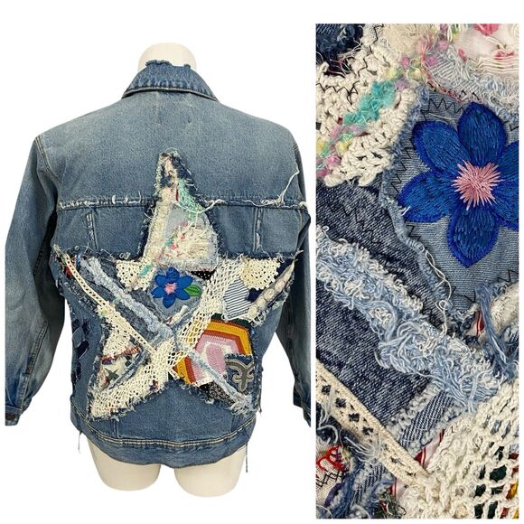 Upcycled Denim Jacket Womens Large Star Boho Grunge Patchwork Folk Art Coachella - Picture 1 of 14